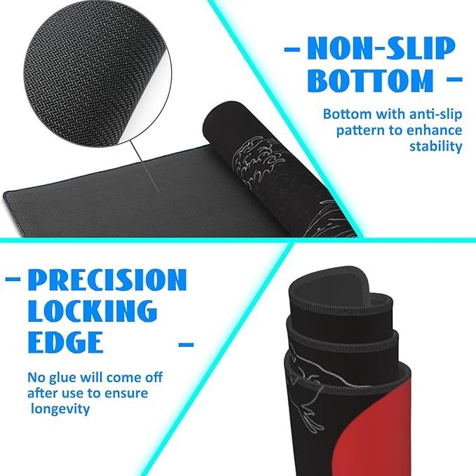 Desk Mat, Black Japanese Style Wave and Red Sun Extended Gaming Mouse Pad Large, 35.4"x15.7" Big Mouse Pad with Non-Slip Base and Stitched Edge, Long Computer Keyboard Mouse Mat for Home Office Work