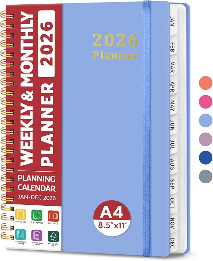 2026 Planner, Weekly and Monthly Calendar Planner, January 2026 - December 2026, Hardcover 2026 Calendar Planner Book with Tabs For Women & Men, Inner Pocket, Spiral Bound, Perfect for Office Home School Supplies - A4 (8.5" x 11"), Lavender