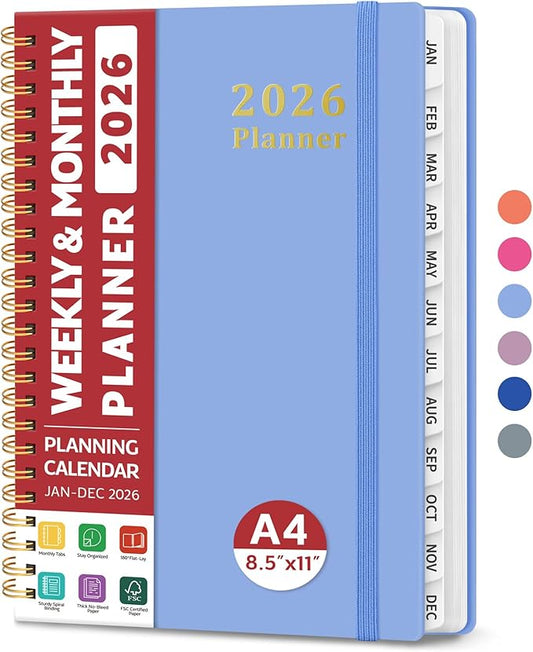 2026 Planner, Weekly and Monthly Calendar Planner, January 2026 - December 2026, Hardcover 2026 Calendar Planner Book with Tabs For Women & Men, Inner Pocket, Spiral Bound, Perfect for Office Home School Supplies - A4 (8.5" x 11"), Lavender