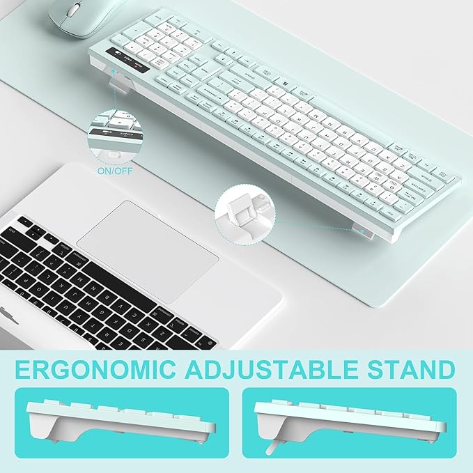 Silent Keyboard and Mouse Combo Wireless,ful-Sized Wireless Keyboard and Adjustable DPI Mouse, 2.4GHz USB Receiver, Keyboard and Mouse for PC, Windows, MAC, Desktop, Laptop (Mint Green-B)