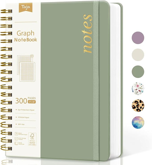 Spiral Graph Paper Notebook Journal for Work, 300 Pages, Thick B5 (7.1"x10") Grid Journals for Women & Writing, Hardcover Notebook for Note Taking, Perfect for Work School Note Taking Business, Green