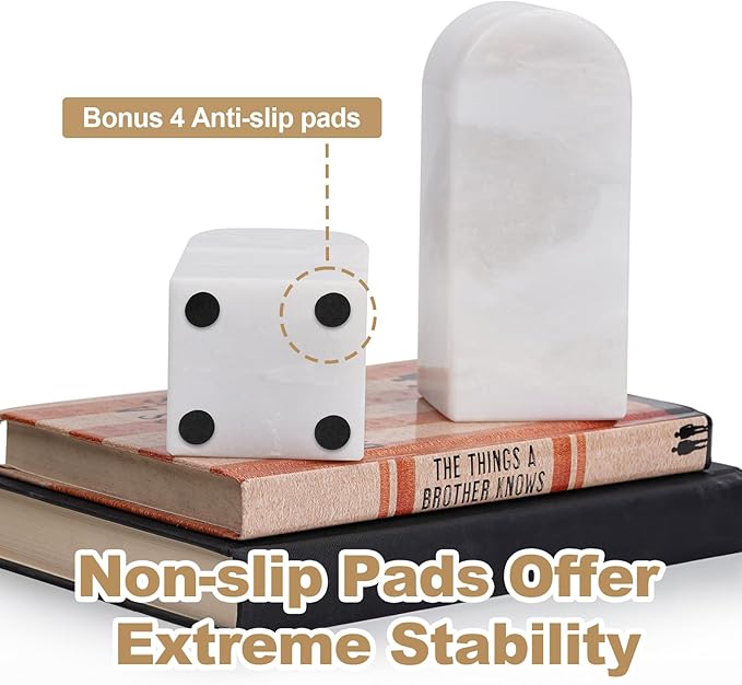 Koville African Natural Marble Bookends for Shelves, Decorative Book Ends, 7lbs Heavy-Duty Marble Book Holders, Bookshelf Apartment Decor for Normal Books/CD/Video Games(Bianco Fiora)