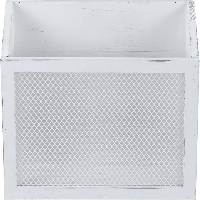 MyGift Rustic Magazine Holder Vintage White Wood and Chicken Wire Design Wall Mounted/Tabletop Mail Sorter, Farmhouse Home, Bathroom, Office Magazine Rack