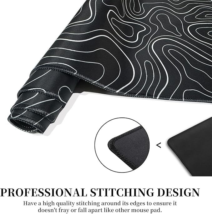 Large Gaming TOPO Keyboard Mouse Pad Black Topographic Mouse Pad with Anti-Slip Rubber Base, Extended XXL Long Gaming Mousepad Big Mouse Pads for Desk,31.5 X 11.8 Inch