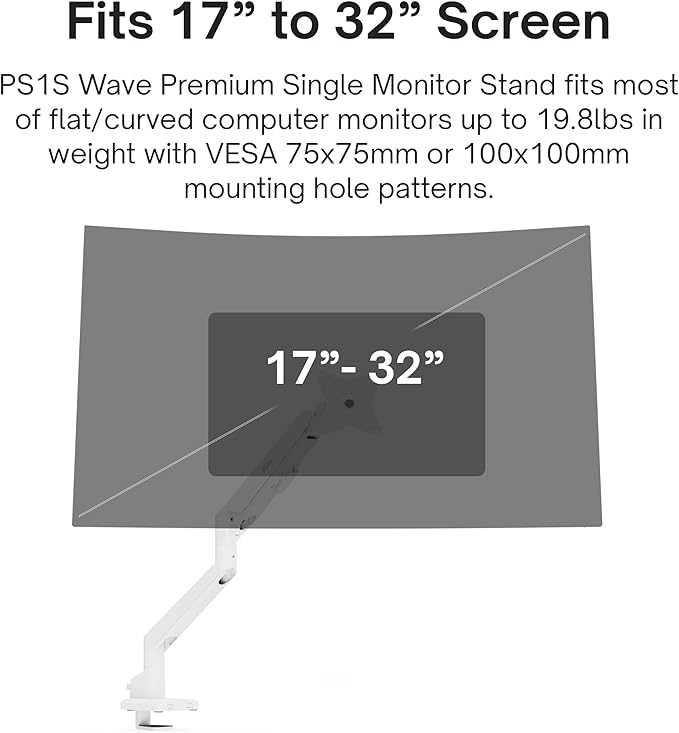 Pixio PS1S Wave White Single Monitor Arm Stand Desk Mount - Fits up to 32 inches Monitors and up to 19.8lbs. VESA Compatibility and Integrated Cable Management