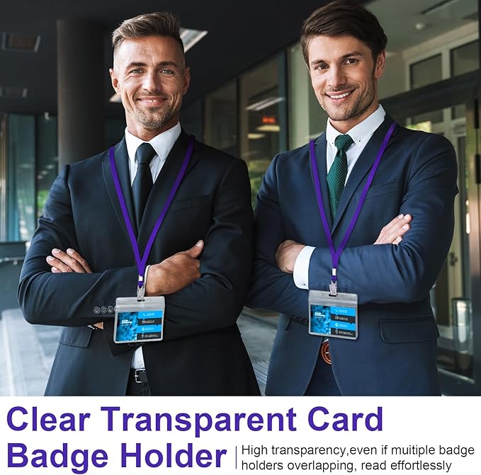 Marspark 100 Sets Clear Name Tags with Lanyard, Lanyards for ID Badges Reusable Strap with ID Holder Plastic Name Badges for Adults Business School Church Conference (Dark Purple)