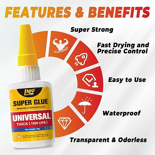 Super Glue Thick CA Glue Clear 30 Gram, Heavy Duty Superglue Instant Cyanoacrylate Adhesive for Plastic Ceramic Leather Metal Glass Wood Pla Shoe Sole Repair, Strong Oily Liquid Bonding