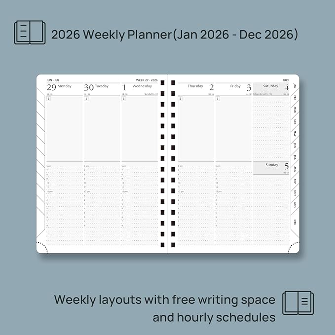 POPRUN 2026 Planner (Medium Size 8.5'' x 6.25'' Wire-Bound Hard Cover) Daily Weekly and Monthly Calendar - Agenda 2026 (Jan.2026-Dec.2026) with Hourly Schedule, Monthly Tabs - Burgundy