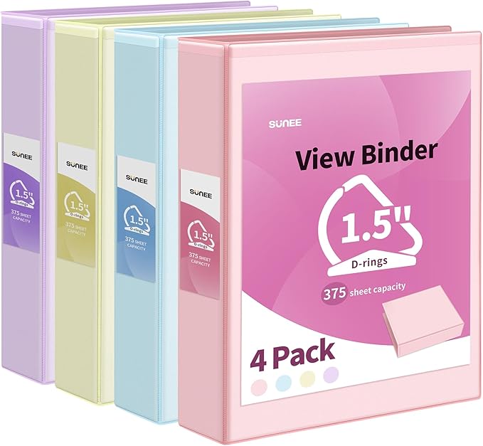 SUNEE 3 Ring Binder 1.5 Inch D Ring, Clear View Binder Three Ring PVC-Free (Fit 8.5x11 Inches) for School or Office Supplies, Assorted Pastel, 4 Pack