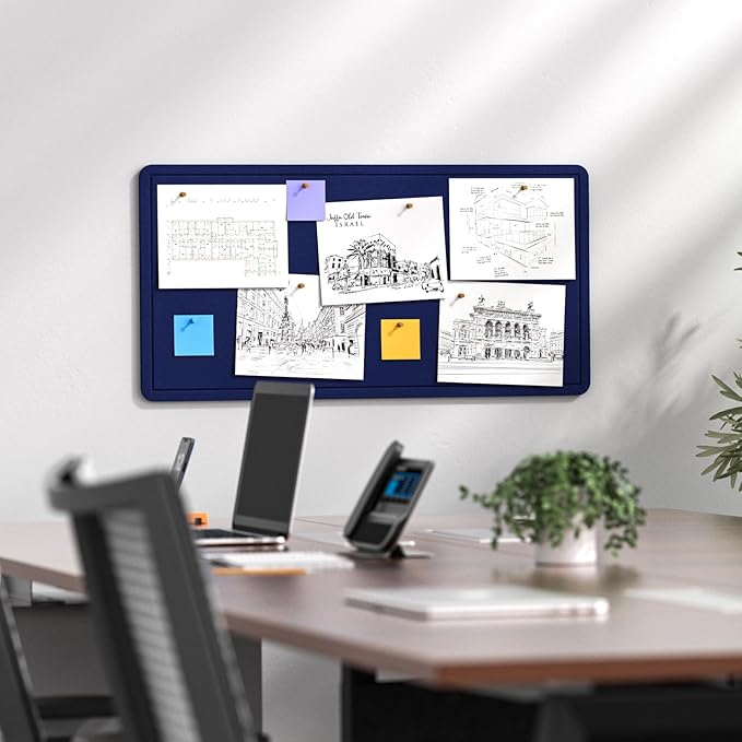 MaxGear Bulletin Board 35" x 17.5", Foldable Felt Board Vision Board Supplies, Cork Board for Office, Home, School, Small Pin Boards for Walls Decorative Picture Framed Display Board Dark Blue
