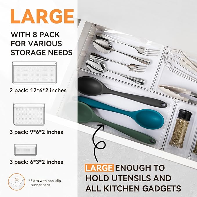 Criusia 8 Pack Drawer Organizer for Kitchen Gadgets, Large Clear Plastic Drawer Divider for Kitchen Accessories, Bathroom Organizers and Storage, Home Essentials for Makeup and Vanity Accessories