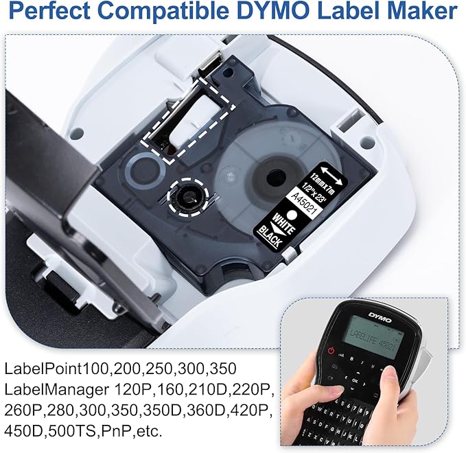 Labelife Replace for Dymo D1 Label Maker Refills White on Black 1/2'' x 23' D1 45021 S0720610 Compatible with DYMO LabelManager 160 210D 260P 280 360D 420P 450D COLORPOP, 5-Pack