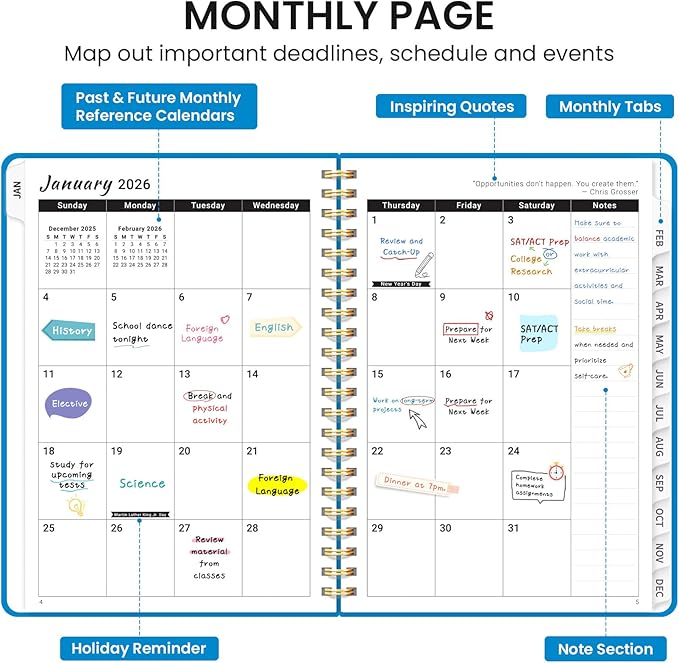 2026 Planner, Weekly and Monthly Calendar Planner, January 2026 - December 2026, Hardcover 2026 Calendar Planner Book with Tabs For Women & Men, Inner Pocket, Spiral Bound, Perfect for Office Home School Supplies - A5 (6.3" x 8.5"), Azure Blue
