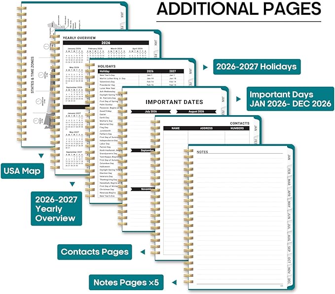 2026 Planner, Weekly and Monthly Calendar Planner Book, January 2026 - December 2026, Hardcover Spiral Planner with Monthly Tabs, Notes Pages, Perfect for Women & Men, A5 (6.4" x 8.5") - Turquoise