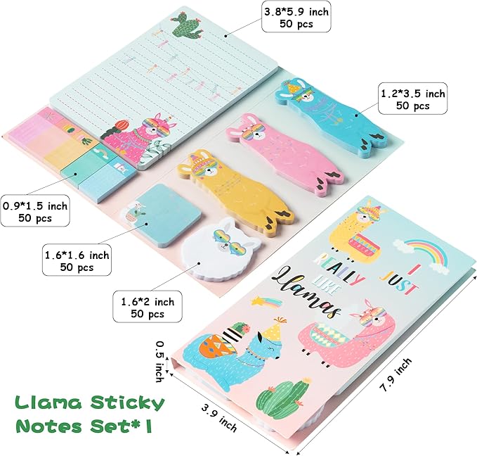 Xqumoi I Just Really Like Llamas Sticky Notes Set, 550 Sheets, Cute Cartoon Alpaca Self-Stick Notes Pads Animal Divider Tabs Bundle Writing Memo Pads Back to School Office Supplies Small Gift