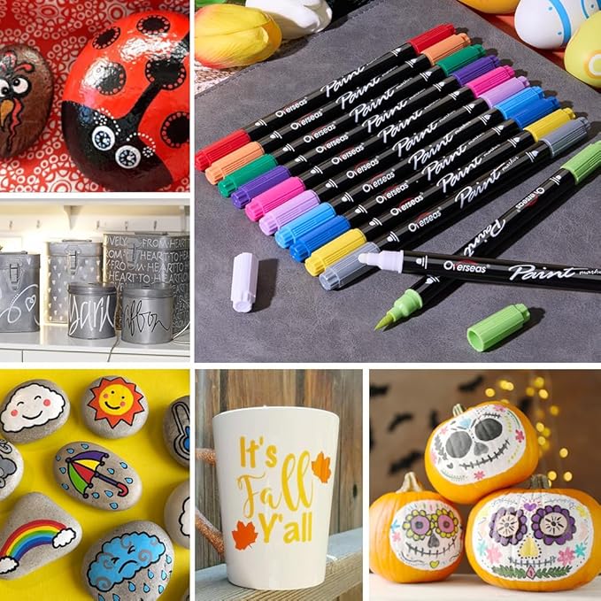 Overseas Silver Acrylic Paint Markers, 2 Pack Dual Tip Paint Pens Acrylic Markers with Dot and Brush Tip, No Bleeding Coloring Marker for Wood, Rock, Canvas, Glass, Metal, Ceramic, Plastic, Fabric