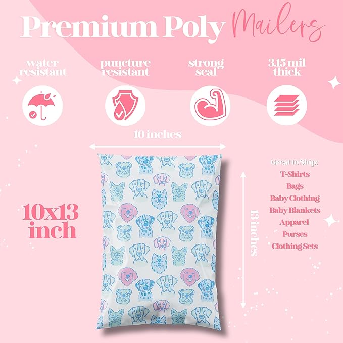 10x13 Designer Poly Mailer 100 Pack Heavy Duty Waterproof Self Seal Shipping Bags for Small Business Large Mailing Envelopes Bulk Tear Resistant Packaging Pretty Pups Puppy Dogs