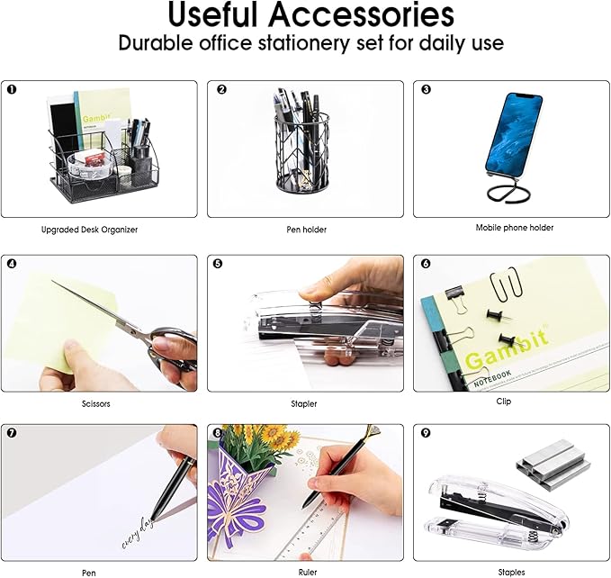 Black Desk Organizers and Accessories Office Supplies Set Stapler, Pen Holder, Phone Holder, Scissors, Pen, Ruler, 30 Paper Clips, 22 Binder Clip, 20 Tacks and 1000pcs Staples