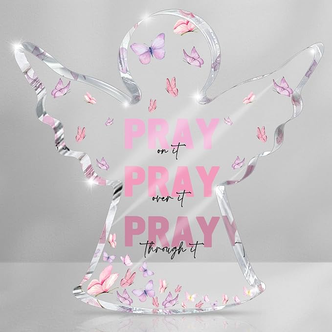 Pink Home Office Desk Accessories, Acrylic Memorial Gift, Dorm Room Decor for Women, Christian Gifts for Women, Remembrance Gifts, Pray Over It- Bible Verse Desk Art(Angel Style)