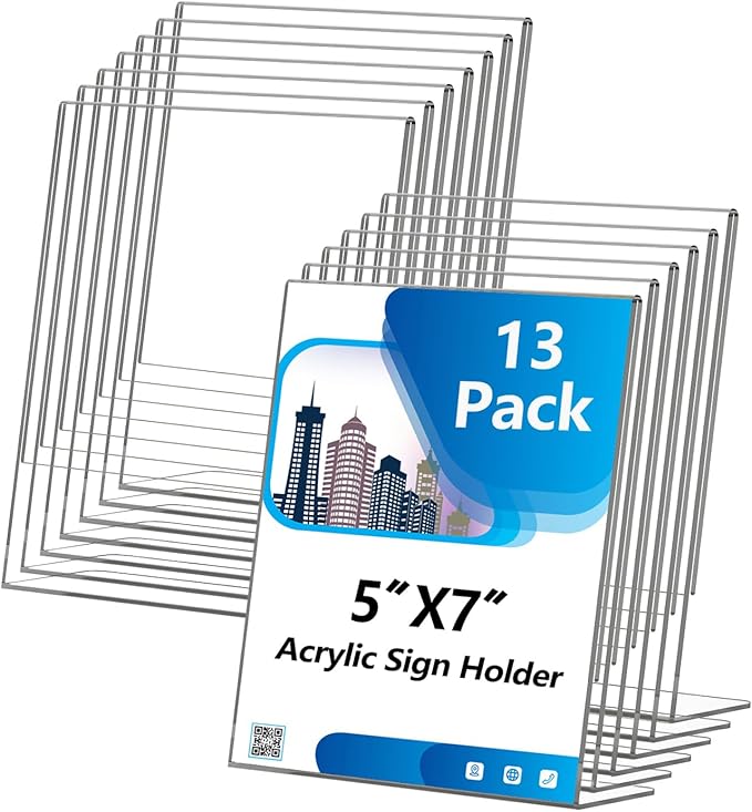 Acrylic Sign Holder 5x7 Inches, 13 Pack Clear Plastic Table Flyer Display Stand, L-Shape Vertical Menu Paper Holder Stand, Clear Picture Photo Flyer Display Stand for Restaurants, Store Fair,Office