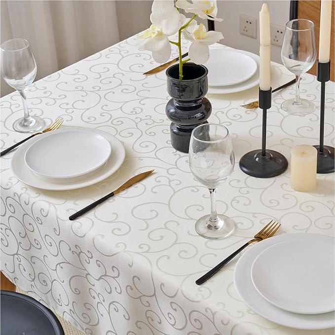 Romanvicky Christmas Jacquard Tablecloth White Floral Pattern Rectangle Table Cloth Spill Proof Wrinkle Resistant Polyester Table Cover for Dining, Party, Thanksgiving Decoration, 60 x 102 Inch