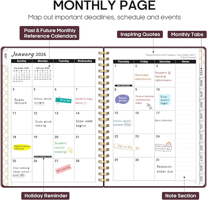 2026 Planner, Weekly and Monthly Calendar Planner, January 2026 - December 2026, Hardcover 2026 Calendar Planner Book with Tabs For Women & Men, Inner Pocket, Spiral Bound, Perfect for Office Home School Supplies - A4 (8.5" x 11"), Burgundy