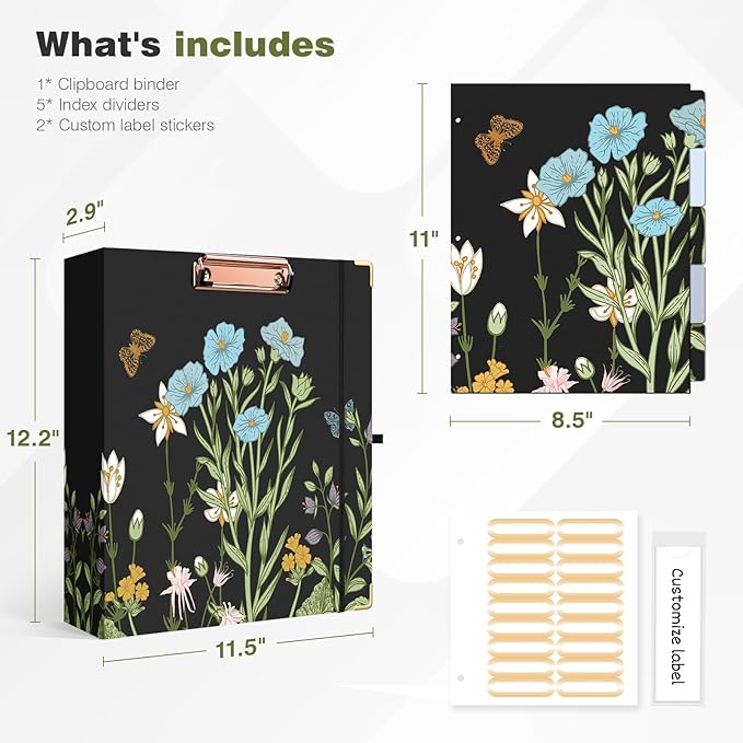 Ospelelf Binder 3 Ring 2 Inch, Floral Round Ring Clipboard Binder with 5 Tab Dividers for Letter Size Documents, File Folder Labels, for School and Office Supplies