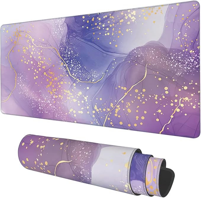 Desk Mat, Purple Rose and Lavender Liquid Marble Extended Gaming Mouse Pad Large, 35.4"x15.7" Big Mouse Pad with Non-Slip Base and Stitched Edge, Long Computer Keyboard Mouse Mat for Home Office Work