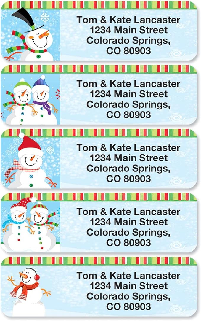 Happy Snowman Holiday Rolled Personalized Return Address Mailing Labels with Dispenser, Set of 250, 5 Designs, Small ¾ x 2½ Inch Size, Custom Self-Adhesive Sticker Roll, by Colorful Images