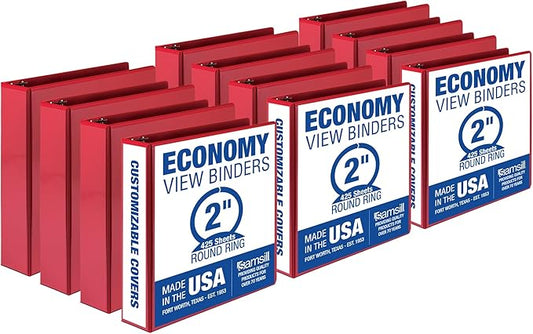 Samsill 2 Inch 3 Ring Binders, Made in USA, Economy Round Ring, Clear View Cover, 425 Sheet Capacity - for School, Home, Office - Red, 12 Pack