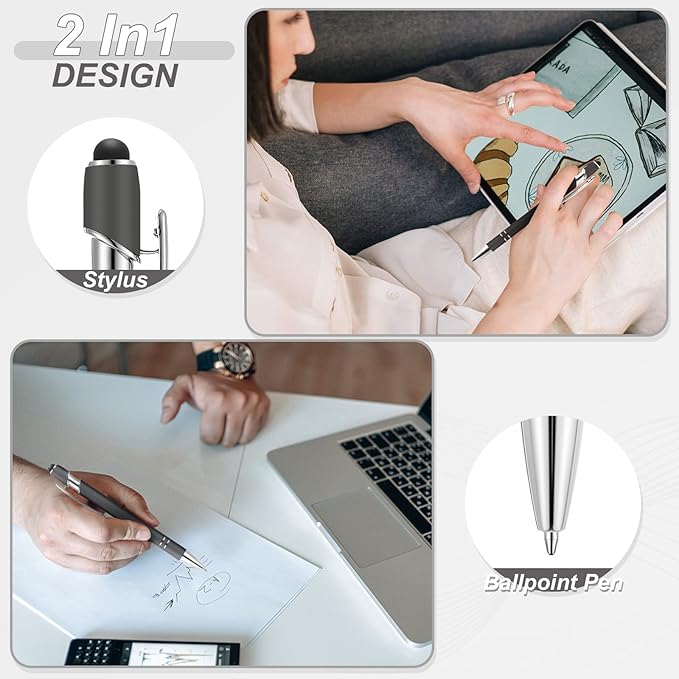 Tenare 12 Pieces 2 in 1 Stylus Metal Ballpoint Pen with Stylus Tip, 1.0 mm Black Ink Ballpoint Pen for Touch Screens(Gray and Silver)