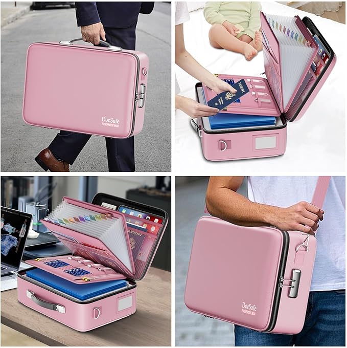 DocSafe Fireproof Document Box with Lock＆Shoulder Strap,Hard Case File Organizer with Accordion File Folder,Multi-Layer Portable Home Office Travel Safe Storage for Important Documents Laptop Pink