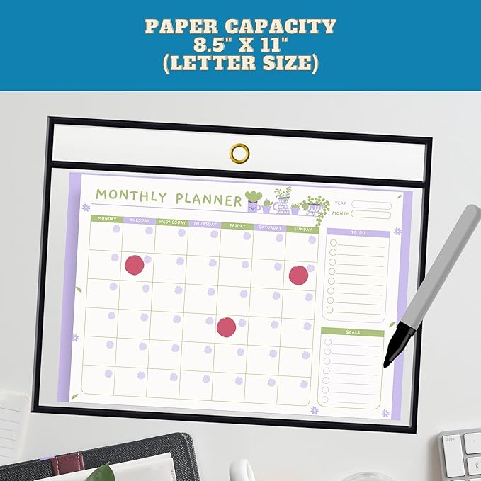 Office Werks Stitched Dry Erase Pockets Black, Landscape View Heavyduty 11" X 8.5" Clear Both Sides Plastic Sleeves with 1 Hole for Attaching to Machinery, File Cabinets, Hanging, Black Trim (25 Pack)