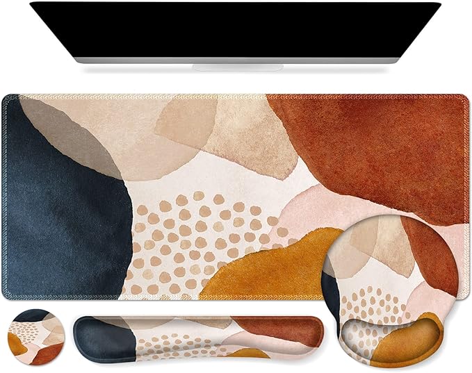 iCasso Desk Mat, Gaming Mouse Pad Wrist Support Set,4in1 XXL Large Mousepad + Keyboard Wrist Rest+Mouse Wrist Rest+Coaster Set with Ergonomic Design for Home Office Table Computer-Color Block