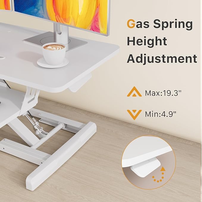 JOY worker Standing Desk Converter, 35" Wide Height Adjustable Sit Stand Up Desk Riser with Keyboard Tray, Desktop Workstation Riser for Home Office Computer Laptop, Particle Board, White