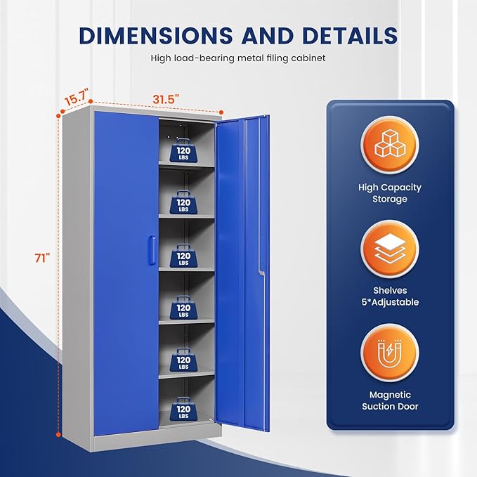 Yizosh Metal Garage Storage Cabinet with 2 Doors and 5 Adjustable Shelves - 71" Steel Lockable File Cabinet,Locking Tool Cabinets for Office,Home,Garage,Gym,School (Gray Blue)
