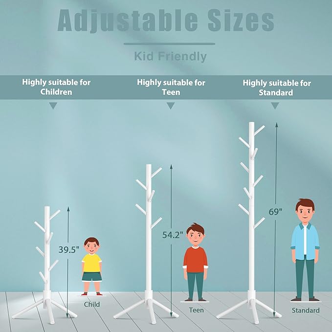 Haddockway Wooden Coat Rack Stand with 8 Hooks New Zealand Pine 3 Adjustable Coat Standing Tree Easy Assembly for Coats, Hats, Scarves and Handbags for Entryway, Hallway, Bedroom, Office,2 PCS