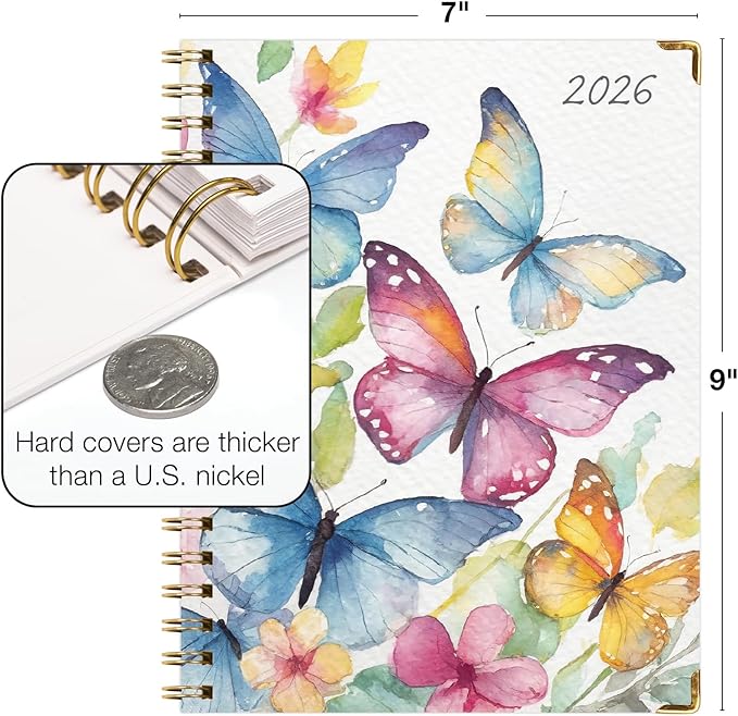 HARDCOVER 2026 Planner, 7"x9": 14 Months (November 2025 - December 2026), Daily Weekly Monthly Planner, Yearly Agenda, Bookmark, Pocket Folder and Sticky Note Set (Watercolor Butterflies)