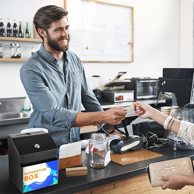 Suggestion Box with Slot and Lock Metal 8.4 x 5.8 x 7.0 inch Built-In Storage Compartment with Magnetic Sign Holder 50 Suggestion Cards Tip Jar Ballot Voting Prayer Comment Mailbox Teacher