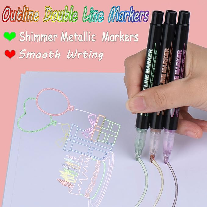 36 Pack Double Line Outline Markers, Squiggles Shimmer Markers Set, Self Outline Metallic Glitter Marker Pens for Christmas,Art, Drawing, Writing, Greeting Cards, DIY, Scrapbook, Easter Eggs