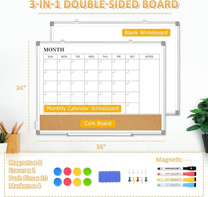 Large Dry Erase Calendar for Wall, 36"x24" Double-Sided Magnetic Whiteboard Calendar with Cork Board, Aluminum Frame Monthly White Board Memo Message Board for Office, Home, School, Kitchen