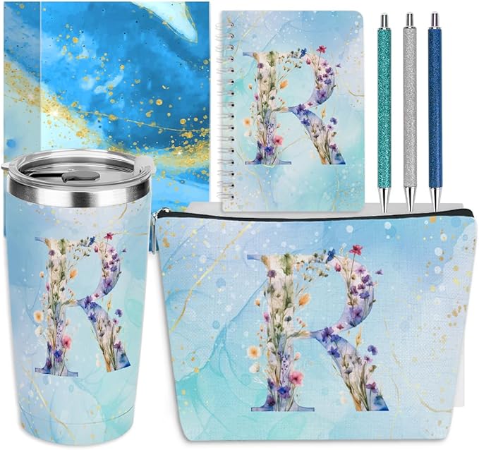 Personalized Gifts Monogrammed Birthday Gifts for Women, New Mom, Grandma Thank You Christmas, Initial 20 oz Tumbler, Makeup Cosmetic Bag Cup Pens Journal Notebook 6 Set, (Aesthetic Blue Flower R)