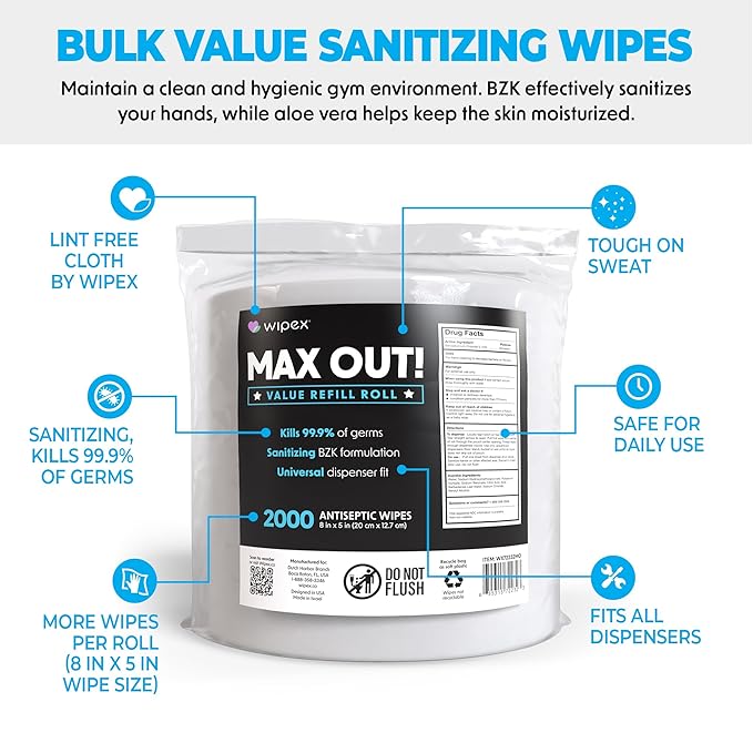 Wipex Max Out Sanitizing Wipes for Fitness Centers - 2000 Wipes Roll, Economy Refill Rolls for Dispensers, 5"x8" - Ideal for High Volume Commercial Use, 120 Rolls (Palletized Delivery)
