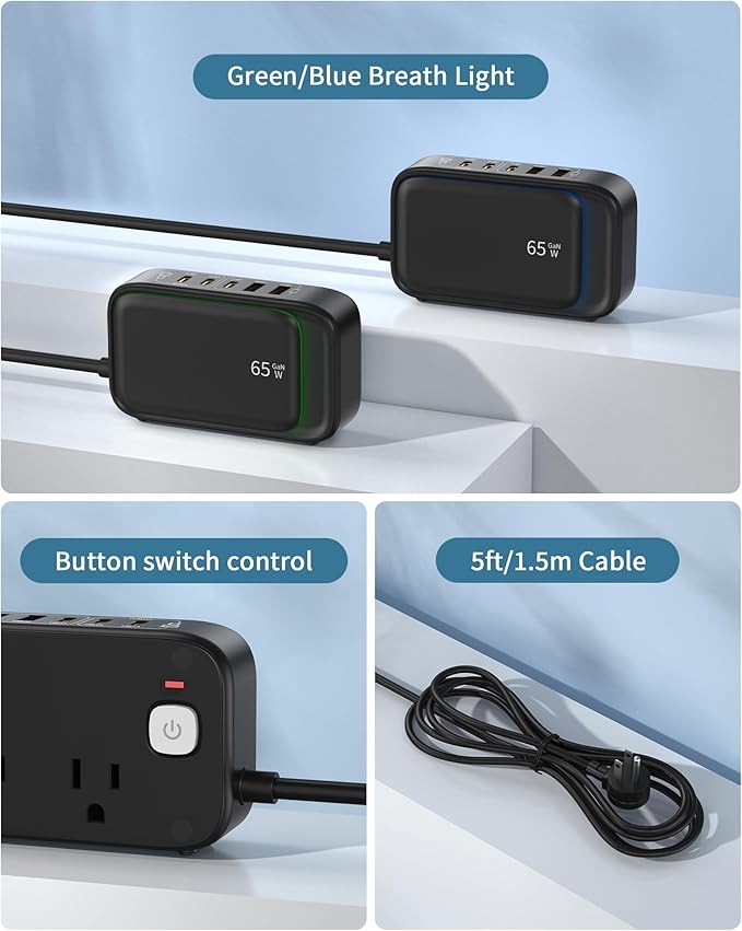 Power Strip with USB C Ports, 30W USB C Charging Station with 2 Outlets 3 USB C & 2 USB A, Surge Protection 1200J Charger for Multiple Devices, 5FT Flat Extension Cord USB Charger Hub for Travel Home
