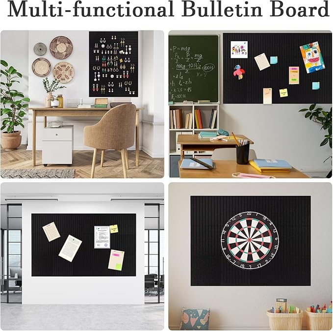 Large Cork Board Alternative, 15 Pack Felt Board with Safe Removable Adhesive Tabs Felt Wall Tiles, Large Cork Boards for Walls, Cork Board for Home Office, Pin Boards for Walls, Stripe Black