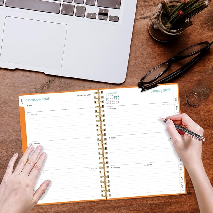 2026 Planner - Planner 2026 from January 2026 - December 2026, Weekly & Monthly Planner Spiral Bound with 12 Monthly Tabs, Inner Pocket, 6.4" x 8.5", Orange-E