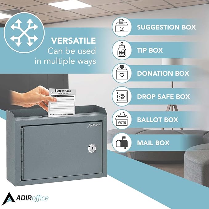 Adir Suggestion Box with Slot and Lock - Money Drop Box with Lock, Cash Dropbox - 9.8x7.5x3.4 Inches Wall Mount Donation Box - Metal Deposit Box in Gray