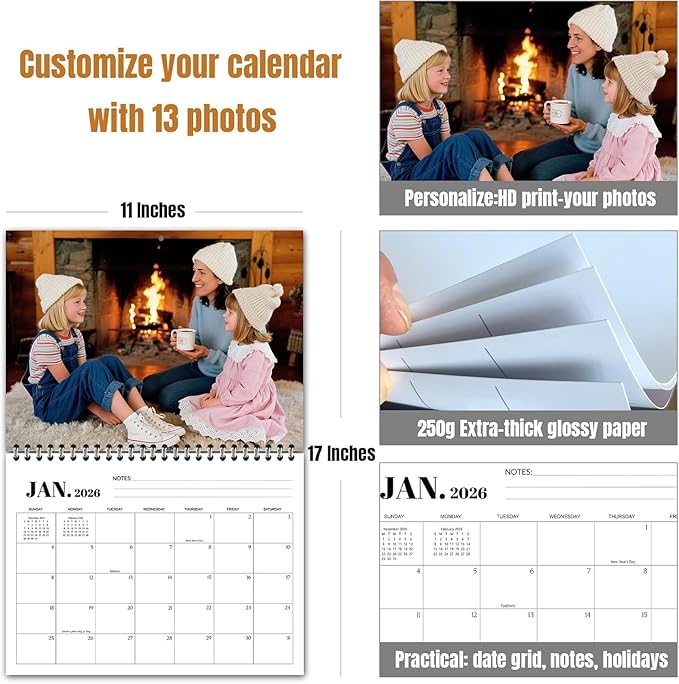 Custom Calendar 2026 for Home & Office - Print Your 13 Memories,Make Your Own Personalized Calendar Customized Christmas Gift &use your photo (Wall Calendar 11"×17", 10 Packs)