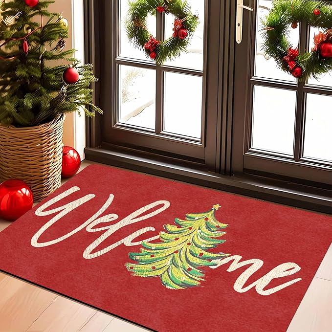 Christmas Welcome Tree Door Mat Merry Christmas Doormat Indoor Outdoor Entrance Floor Rug Non Slip Winter Decor Rubber Welcome Mats, 18" x 30"Inch