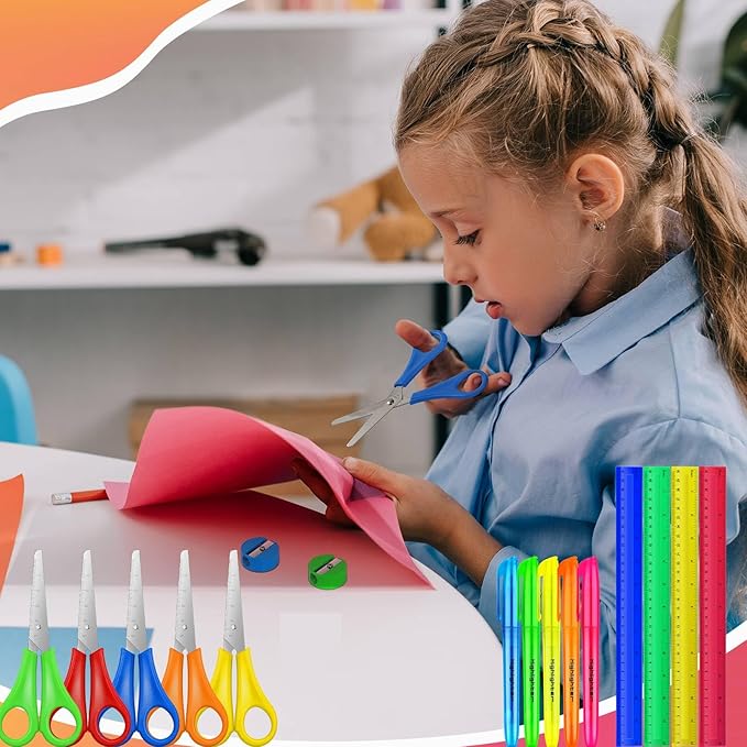 300 Pcs Back to School Supplies Kit, Include 100 Pcs 12 Inch Plastic Rulers 100 Pcs Assorted Colors Highlighters 100 Pcs Student Scissors for Kids Classroom Charity Donation Supplies (300)